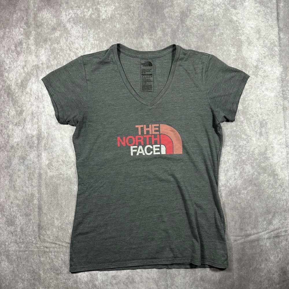 The North Face Womens Medium Grey V-Neck Slim Fit Logo Graphic T-Shirt M